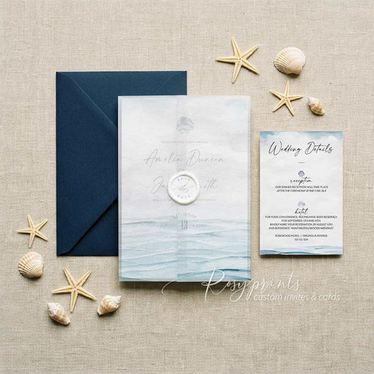 ocean light blue beach seashell vellum wedding invitations