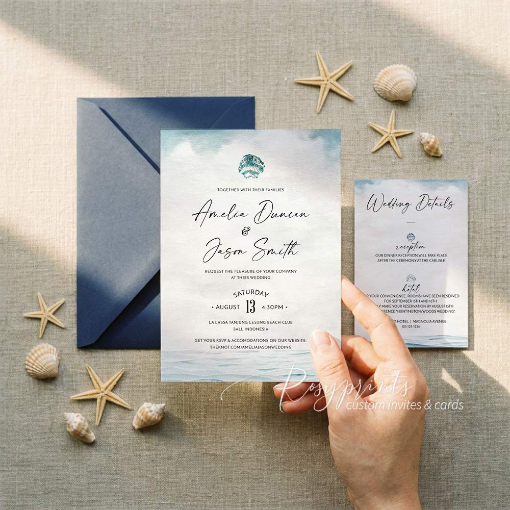 ocean light blue beach seashell vellum wedding invitations