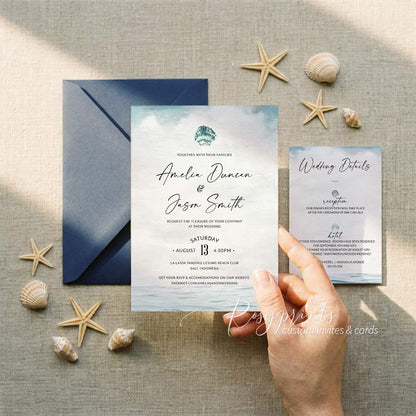 ocean light blue beach seashell vellum wedding invitations