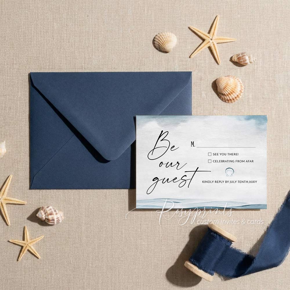 ocean light blue beach seashell vellum wedding invitations