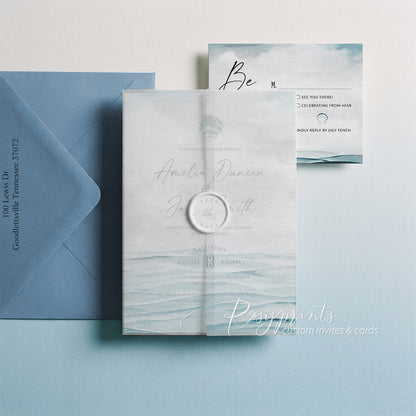 ocean light blue beach seashell vellum wedding invitations