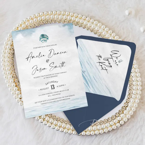 ocean light blue beach seashell vellum wedding invitations