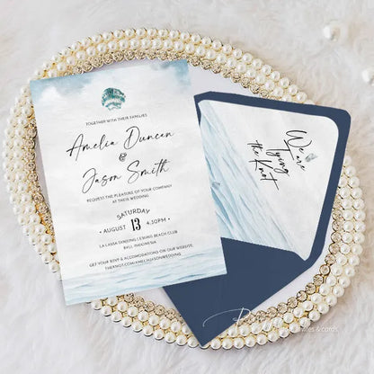 ocean light blue beach seashell vellum wedding invitations