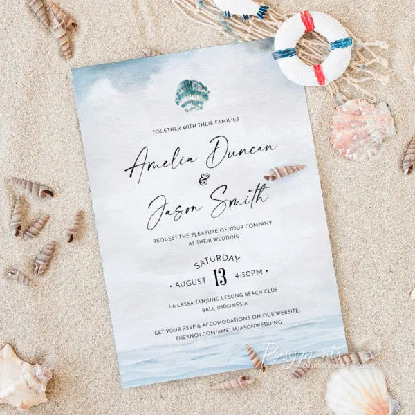 ocean light blue beach seashell vellum wedding invitations
