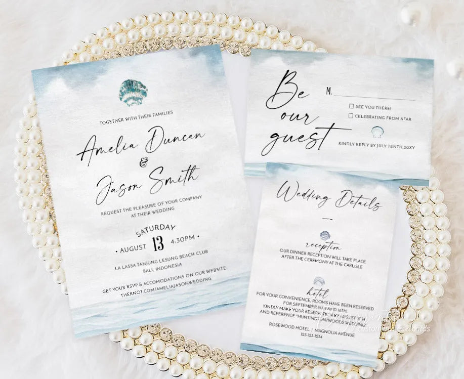 ocean light blue beach seashell vellum wedding invitations