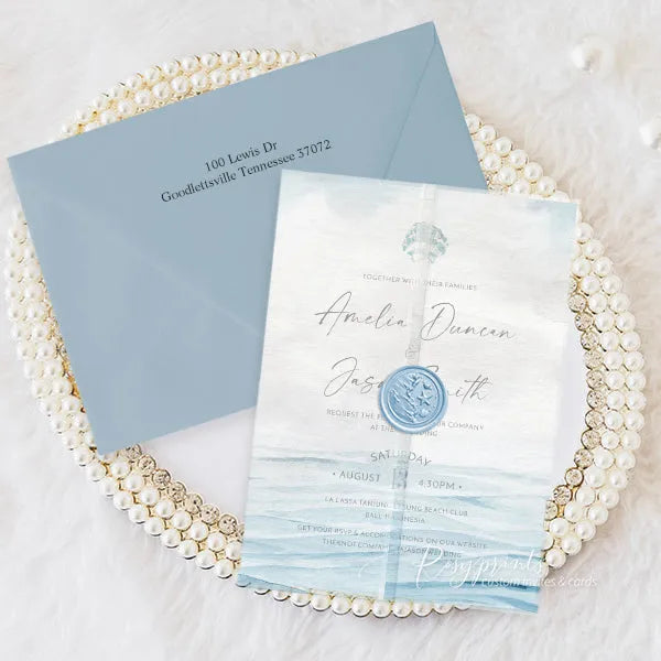 ocean light blue beach seashell vellum wedding invitations