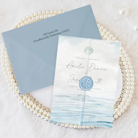 ocean light blue beach seashell vellum wedding invitations