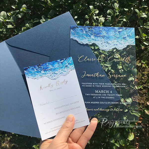 beach ocean wave clear acrylic wedding invitations