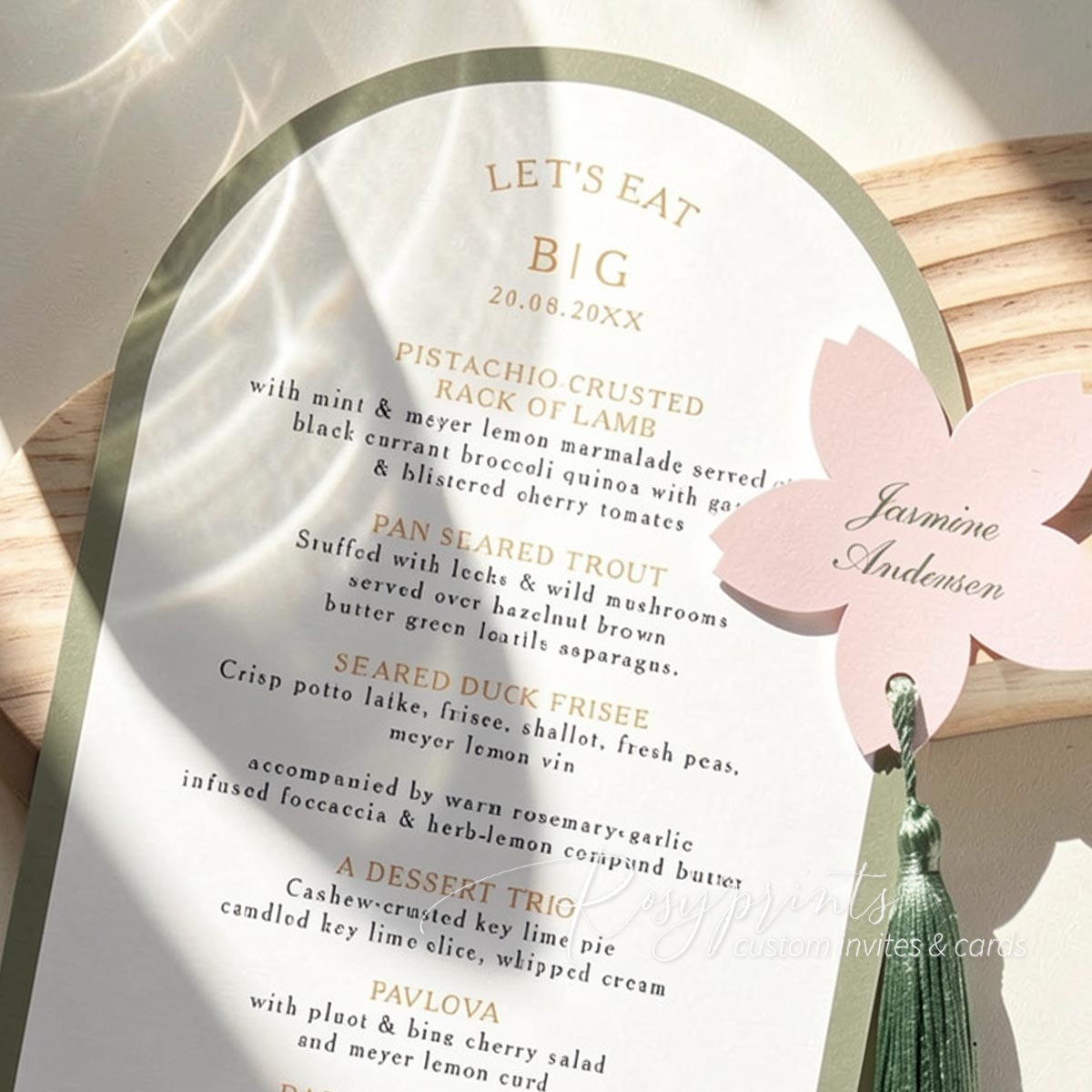  green and pink arched wedding menu cards with flower name tag