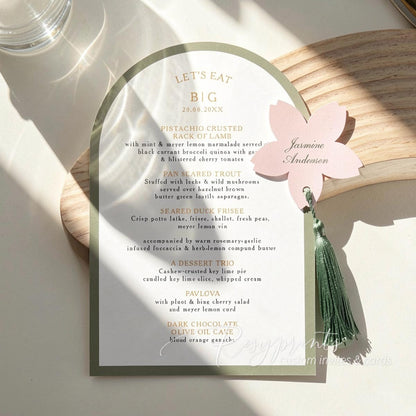  green and pink arched wedding menu cards with flower name tag