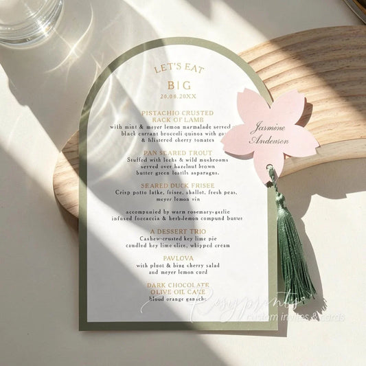  green and pink arched wedding menu cards with flower name tag
