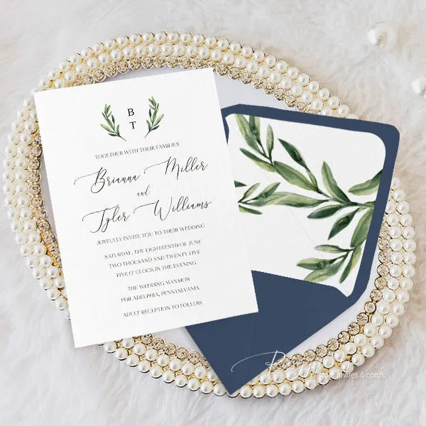 simple olive green branch wedding invitations with vellum jacket 