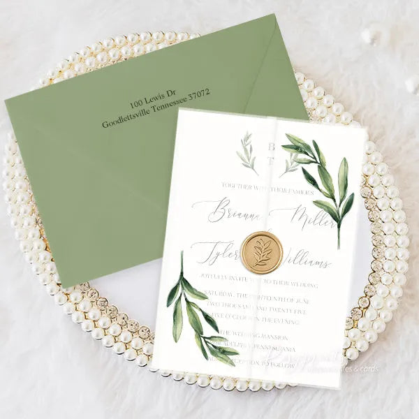 simple olive green branch wedding invitations with vellum jacket 