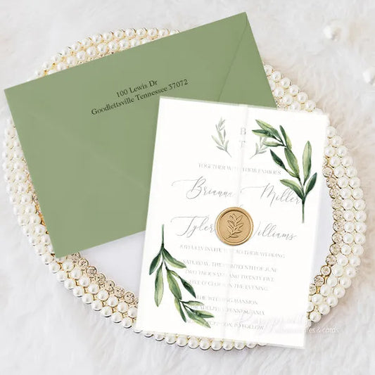 simple olive green branch wedding invitations with vellum jacket 