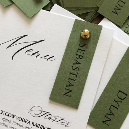 olive green wedding menu with guest name place card