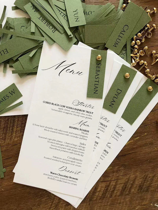 olive green wedding menu with guest name place card