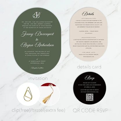 oval simplistic green and black wedding invitations