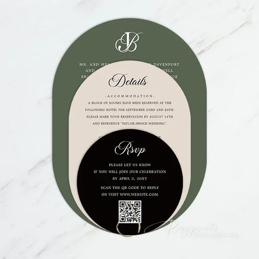 oval simplistic green and black wedding invitations