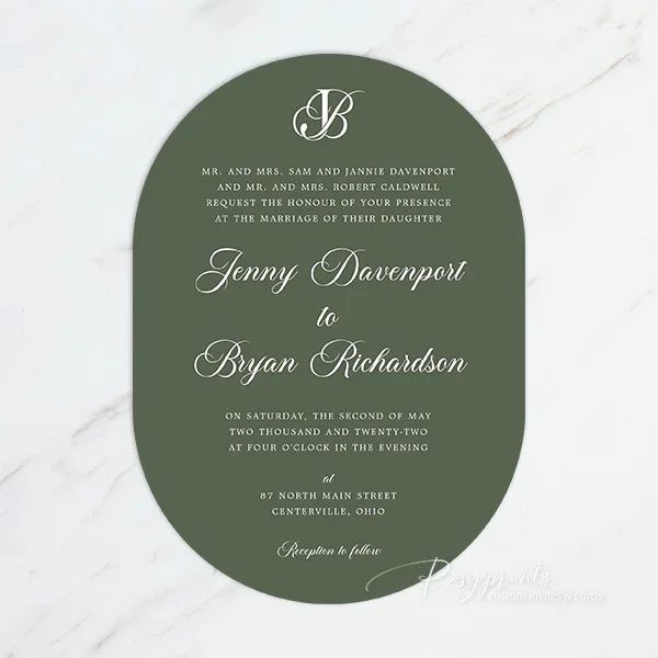 oval simplistic green and black wedding invitations
