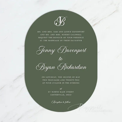 oval simplistic green and black wedding invitations