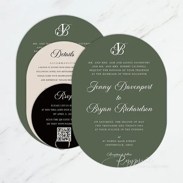 oval simplistic green and black wedding invitations