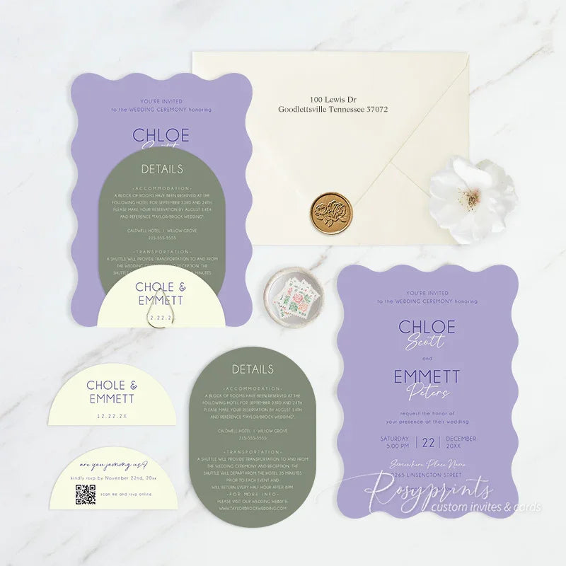 shaped overlay sage lavender purple wedding invitations RPS55