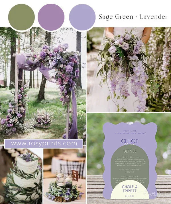 rustic wedding decorations with sage green and lavender theme, including an arch, flowers, cake, and invitation card.
