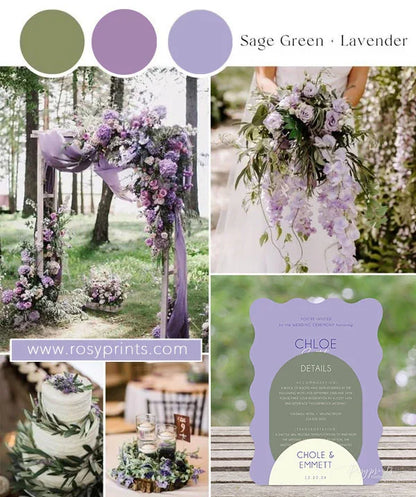 rustic wedding decorations with sage green and lavender theme, including an arch, flowers, cake, and invitation card.