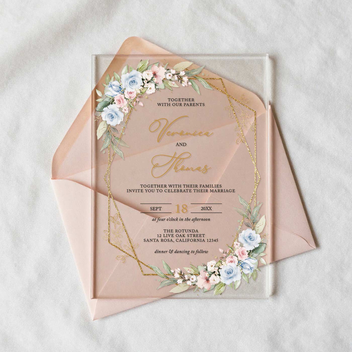 pastel blue pink floral acrylic wedding invitations