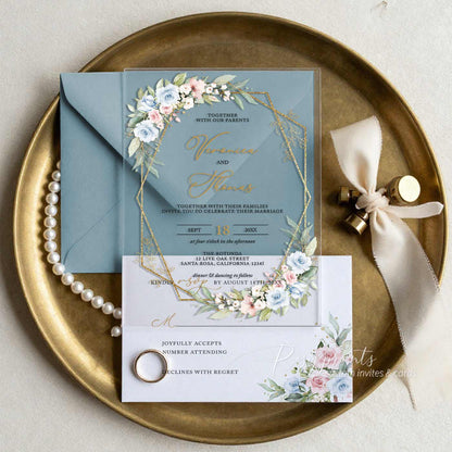 pastel blue pink floral acrylic wedding invitations