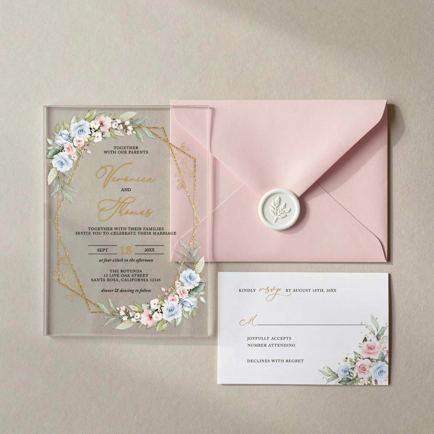 pastel blue pink floral acrylic wedding invitations