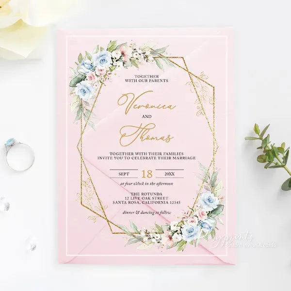 pastel blue pink floral acrylic wedding invitations ROSYA71 - Rosy Prints