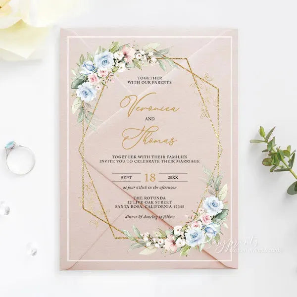 pastel blue pink floral acrylic wedding invitations ROSYA71 - Rosy Prints