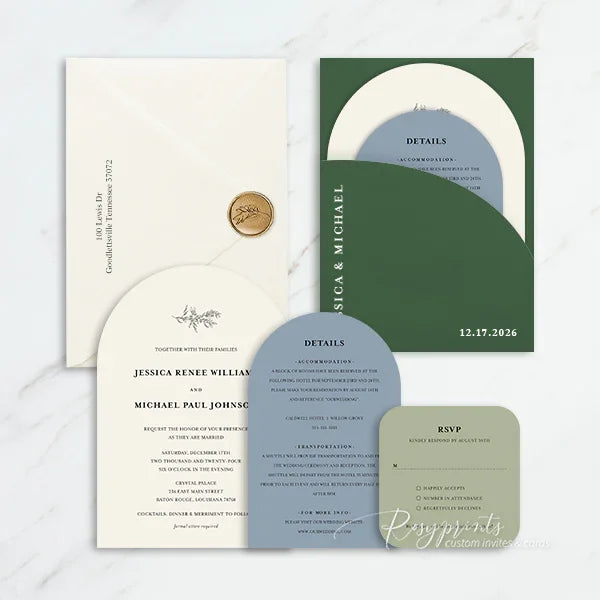 elegant dusty blue olive green arch pocket wedding invitations