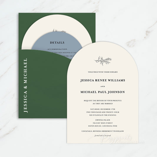 elegant dusty blue olive green arch pocket wedding invitations