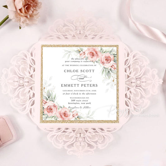 pastel rose pink rustic floral lace cut wedding invitations RPS41 - Rosy Prints