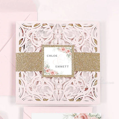 pastel rose pink rustic floral lace cut wedding invitations RPS41 - Rosy Prints