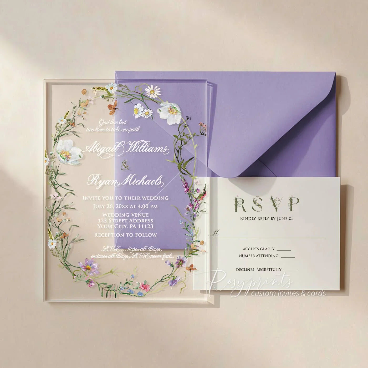 pastel wildflower clear acrylic wedding invitations with lavender envelope