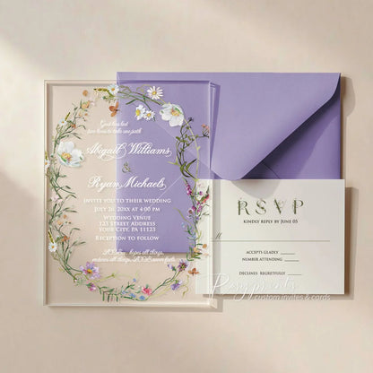 pastel wildflower clear acrylic wedding invitations with lavender envelope