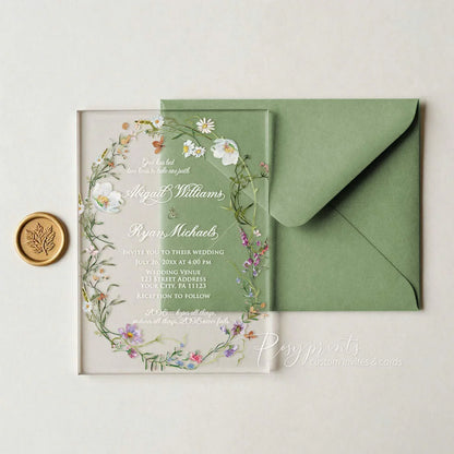pastel wildflower clear acrylic wedding invitations with sage green envelope