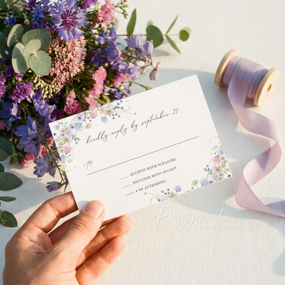 pastel wildflower pink blue and purple wedding invitations