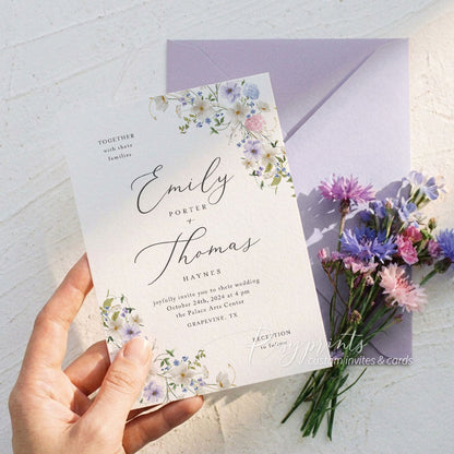 pastel wildflower pink blue and purple wedding invitations