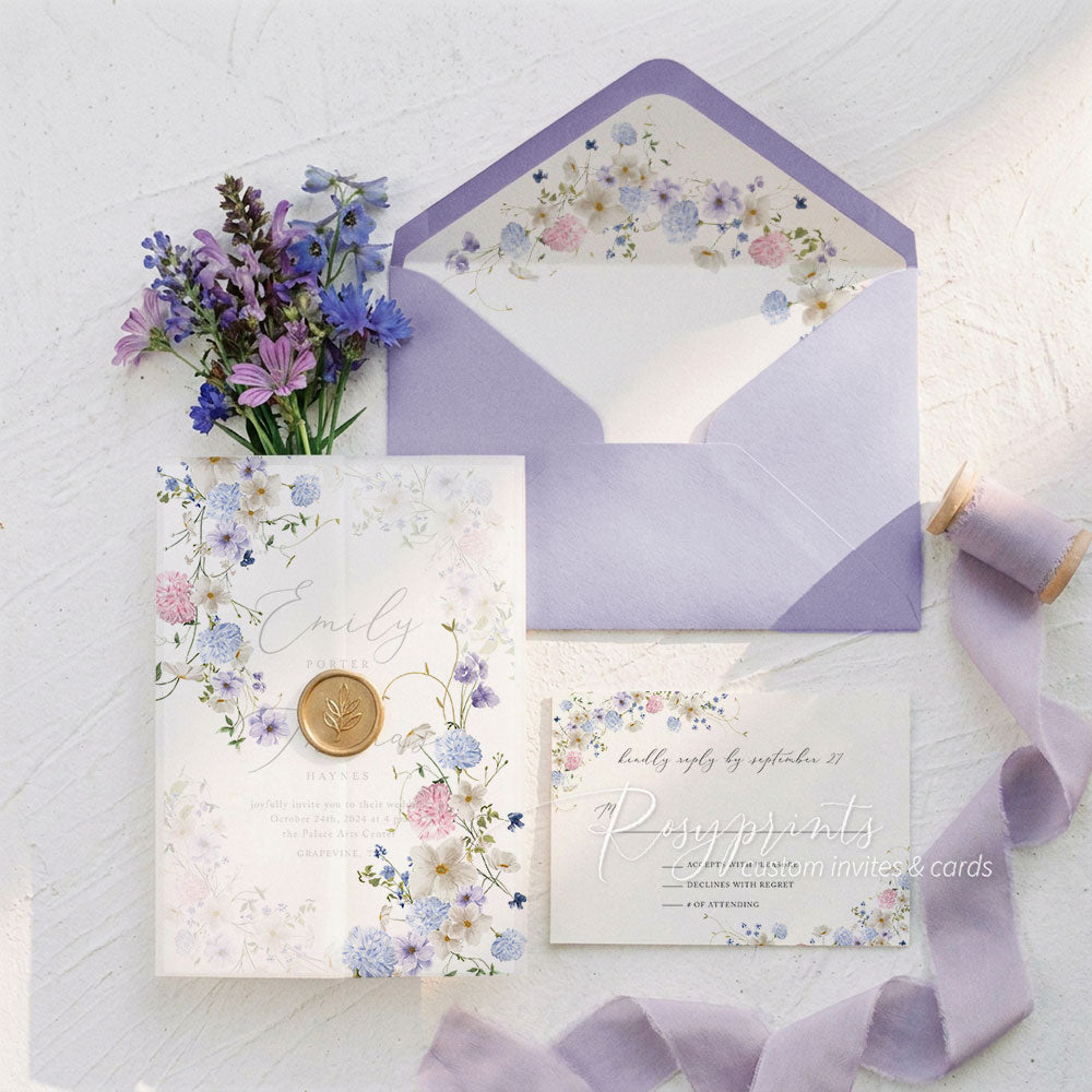 pastel wildflower pink blue and purple wedding invitations