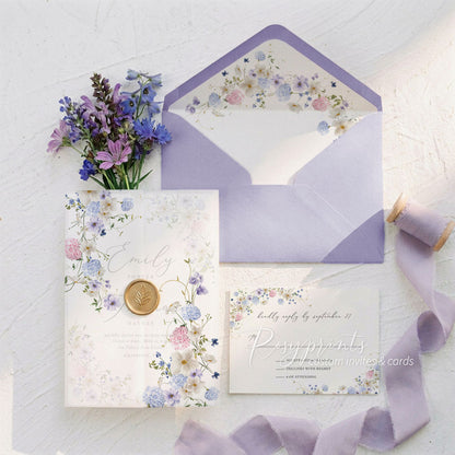 pastel wildflower pink blue and purple wedding invitations
