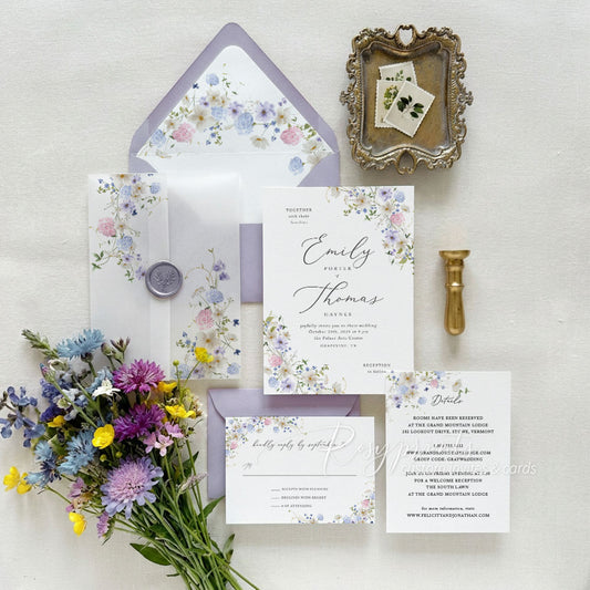 pastel wildflower pink blue and purple wedding invitations with rsvp cards