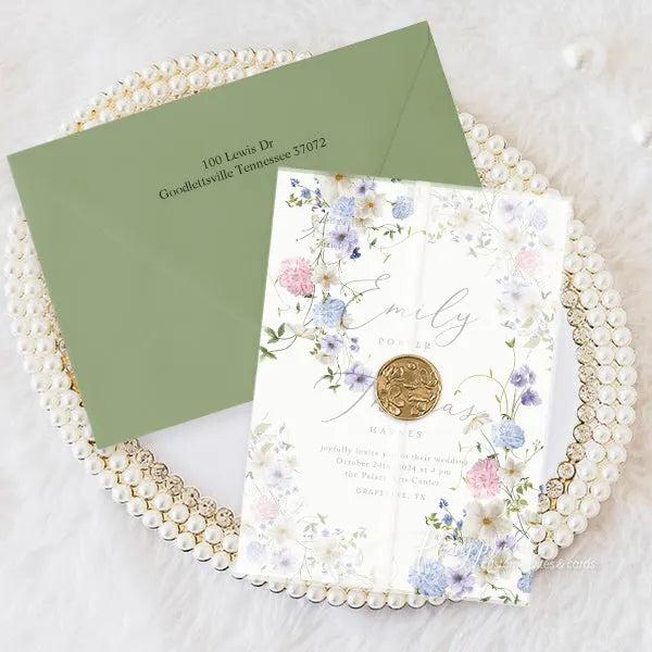 pastel wildflower pink blue and purple wedding invitations