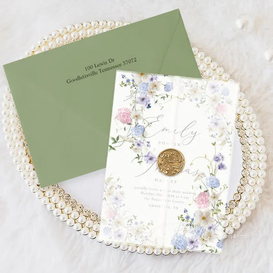 pastel wildflower pink blue and purple wedding invitations