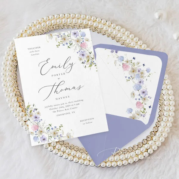 pastel wildflower pink blue and purple wedding invitations