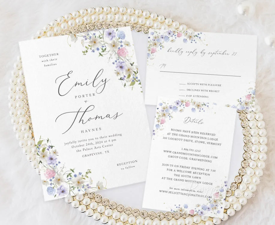 pastel wildflower pink blue and purple wedding invitations