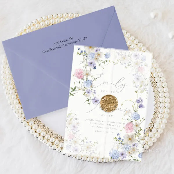 pastel wildflower pink blue and purple wedding invitations